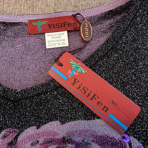 NWT Vtg Elegant Sequins Floral Shimmering Black & Purple Violet Long Sleeve Top - Picture 2 of 10